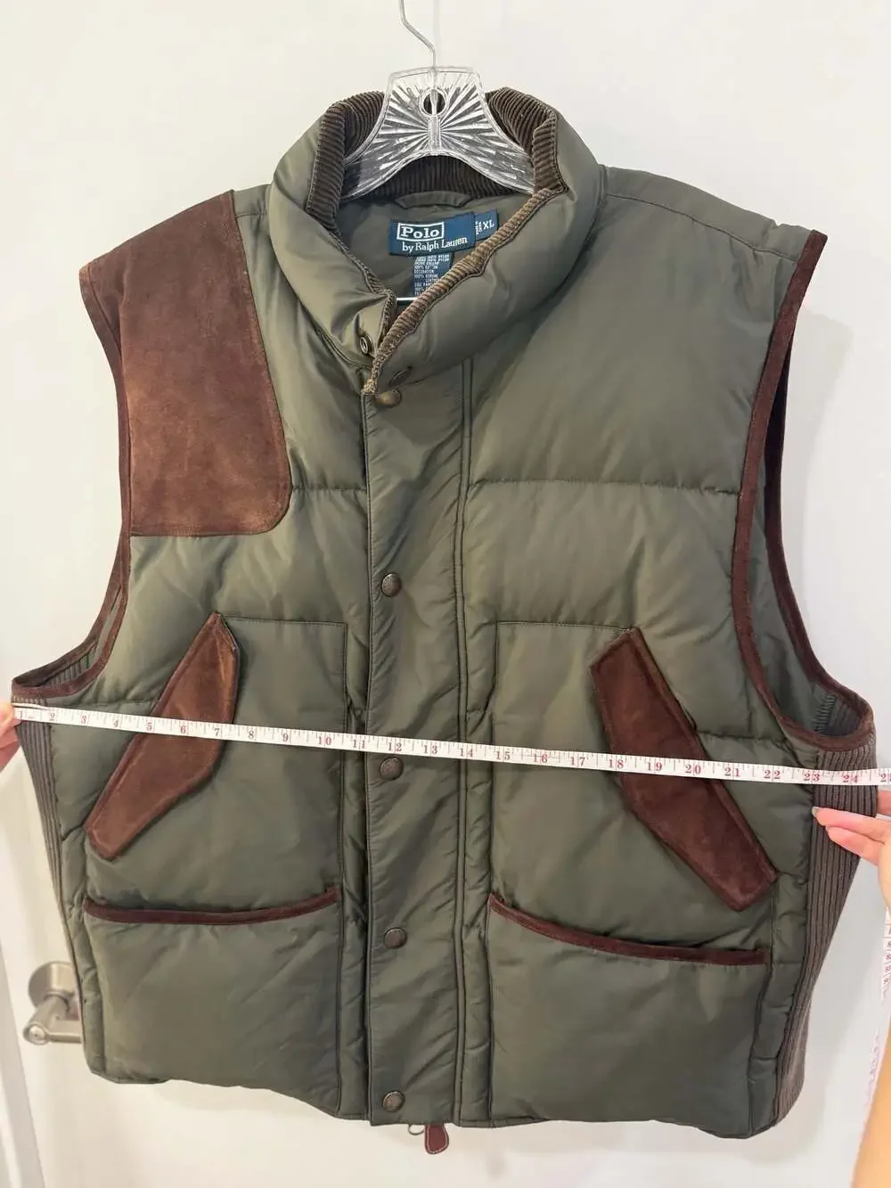 Polo Ralph Lauren Olive Green Down Puffer Vest with Suede Shoulder and Pocket Ac